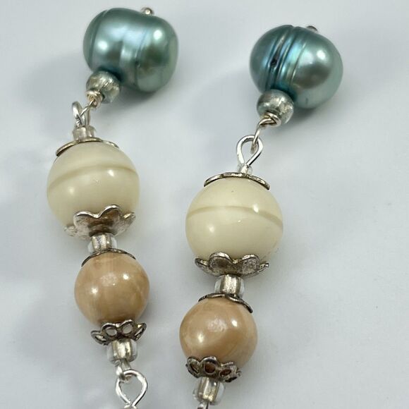 Earrings Sterling Silver Plated Jasper Stone Freshwater Pearl Beaded Dangle Boho - Picture 4 of 6